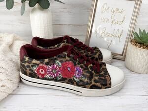 Brighton Leather Sneakers Garden Spots Leopard Print Floral Low Top Women's 10